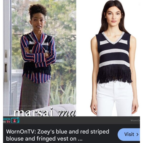 Club Monaco Navy & White Striped Knit Tank Top Fringe Sz XS Gold Buttons Trendy - Picture 2 of 14